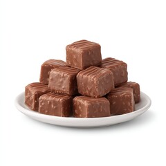 Small square chocolate candies with ridged tops on a white plate