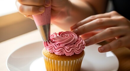 Detailed frosting application on cupcake, hands carefully adding sweetness