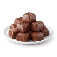 Glossy milk chocolate candies piled neatly on a clean white plate