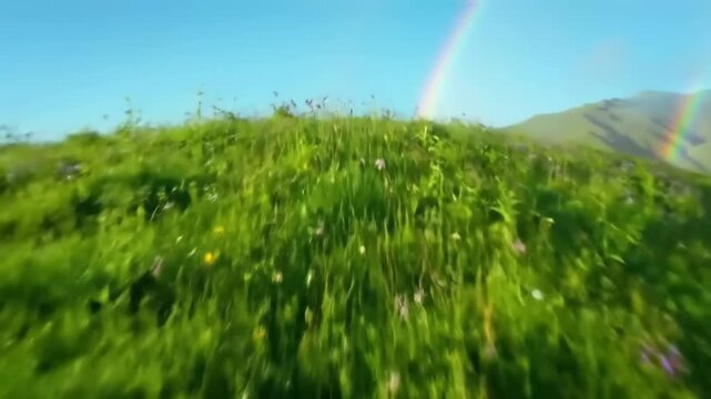 Vibrant green meadow under blue sky with sunlight and rainbow effect