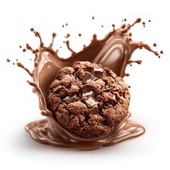 Gourmet chocolate chip cookie in dynamic melted chocolate splash