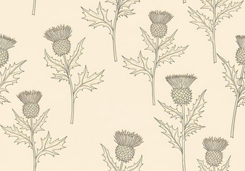 Detailed Thistle Flower Outlines in a Creamy Beige Tone Seamless Pattern for Textile and Decorative Art