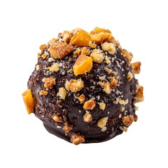 Single dark chocolate truffle coated in crushed nuts, isolated studio shot