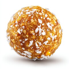 Close-up of a single golden energy ball coated with white coconut flakes