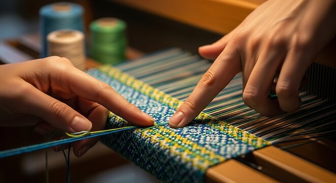Close-up of intricate hand weaving on a loom, showcasing skilled craftsmanship and textile art, highlighting the