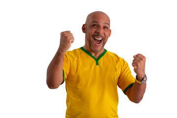 male fan wearing a yellow Brazilian football shirt