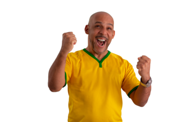 male fan wearing a yellow Brazilian football shirt