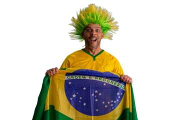 male fan wearing a yellow Brazilian football shirt and the Brazilian flag