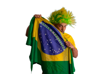 male fan wearing a yellow Brazilian football shirt and the Brazilian flag