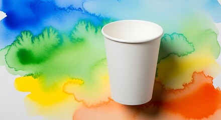 Paper cup mockup over vibrant watercolor background, creativity concept