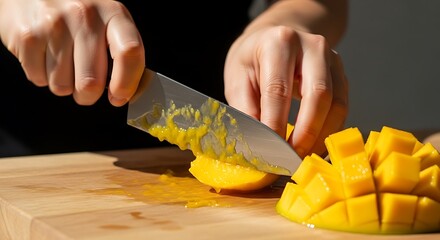 Preparation of tropical fruit, fresh mango cutting process on the table