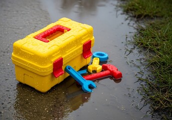 Playful toolkit abandoned in a puddle after rain, colorful plastic tools