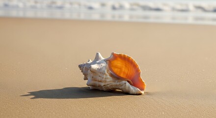 Solitary seashell on a serene beach evokes a sense of tranquility and coastal charm
