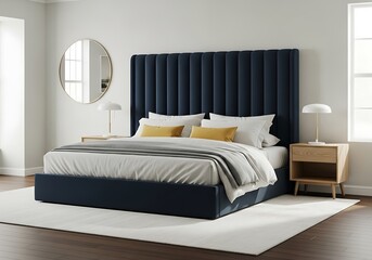 Sophisticated bedroom interior featuring a luxurious upholstered bed design