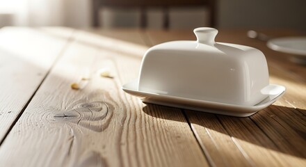 Still life of butter dish on a rustic wooden kitchen table