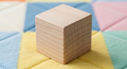 Wooden toy block on a pastel geometric soft fabric play mat, closeup