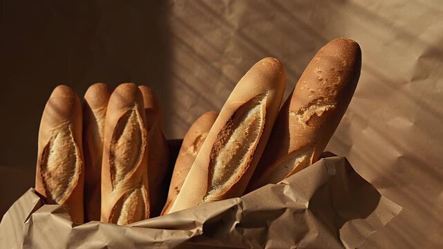 Assorted Crusty French Baguettes in a Paper Bag on a Sunlit Wooden Table