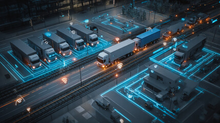 Fototapeta premium Top eyes view Smart Innovation connection cyber security Container truck in ship port for business Logistics transportation of Container Cargo ship Cargo plane with working crane bridge in shipyard