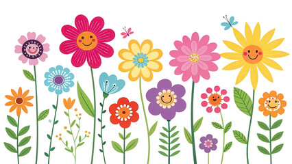 Colorful Cartoon Flowers with Smiling Faces and Butterflies in Garden