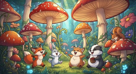 Whimsical Forest Friends Gathering Under Giant Mushrooms in a Magical Scene.