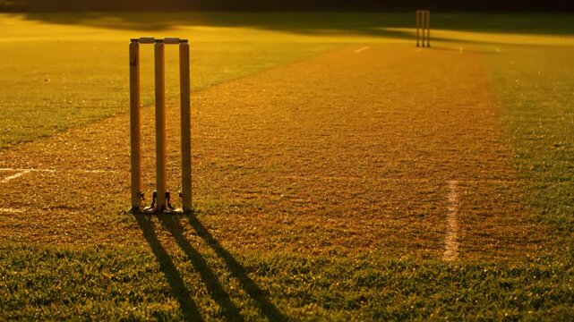 Cricket Wickets on a Green Field at Sunset with Long Shadows.