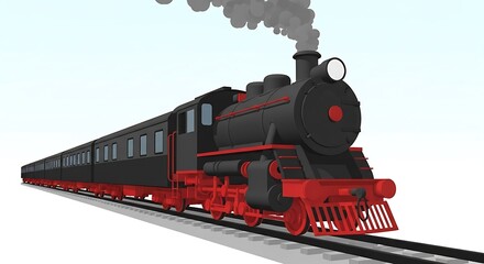Classic black and red steam locomotive train on railway tracks with smoke.