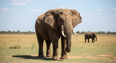 Majestic African Elephant Standing Proudly in the Savannah Under a Clear Blue Sky.