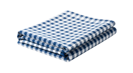 Fresh blue and white checkered kitchen towel stack evokes clean cozy cooking vibes
