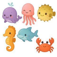 Cute and Colorful Sea Creatures with Smiling Faces in Cartoon Style