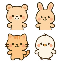 Fototapeta premium Cute Cartoon Animals Collection with Bear, Bunny, Cat, and Bird