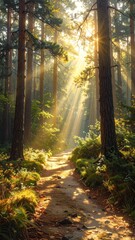 Fototapeta premium Sunlit Forest Path - A Serene Woodland Scene.