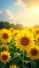 Obraz premium Vibrant Yellow Sunflower Field Basking in Warm Sunlight Joyful Summer Meadow, Optimism and Hope