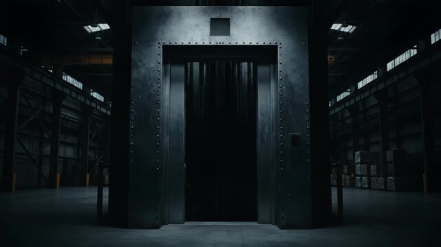 Dark and ominous industrial elevator in a dimly lit warehouse, creating a suspenseful and mysterious atmosphere.