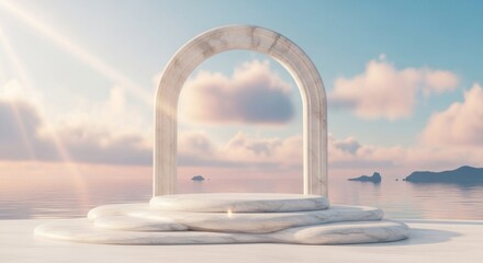 White marble arch and tiered platform overlooking a serene ocean, pastel sky, bright sun rays, clouds