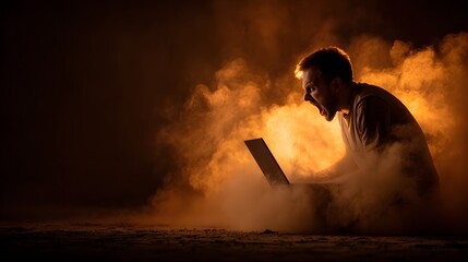 Furious man screams in frustration while using laptop amid smoke.