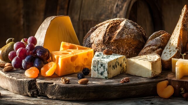 A rustic cheese board features assorted cheeses, bread, and fruits.