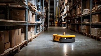 Automated yellow robot navigates a vast warehouse aisle filled with shelves.