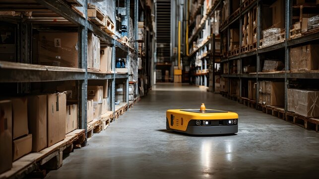 Automated yellow robot navigates a vast warehouse aisle filled with shelves.