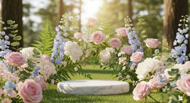 A marble pedestal sits surrounded by lush greenery and soft pink, white, and blue flowers in a sunlit forest - Powered by Adobe
