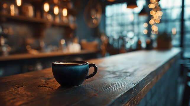 Cozy dark blue cup of coffee sits on a rustic wooden bar.