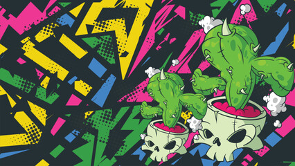 Psychedelic Cactus Skull Graffiti Vector Background