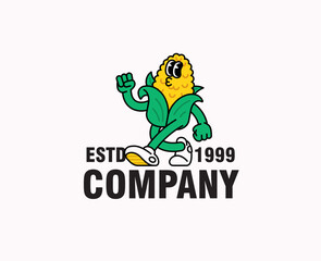 Walking corn mascot logo featuring a happy cartoon character wearing sneaker vector illustration, perfect for branding, vintage businesses, or fun product or food business