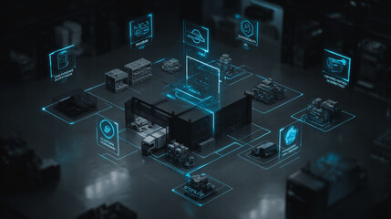 Top eyes view Smart Innovation connection cyber security Container truck in ship port for business Logistics transportation of Container Cargo ship Cargo plane with working crane bridge in shipyard 