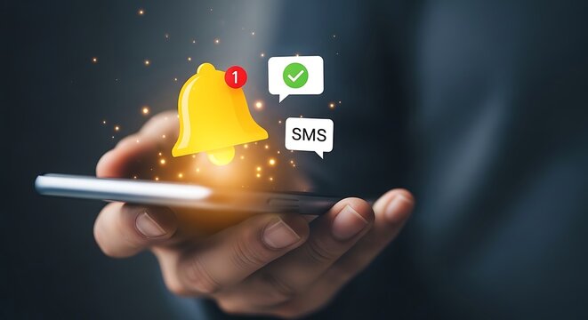 Hand holding smartphone with glowing notification bell and social media message icons appearing digitally - Powered by Adobe