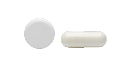 Two white pills, one round and one capsule shaped, isolated on transparent background