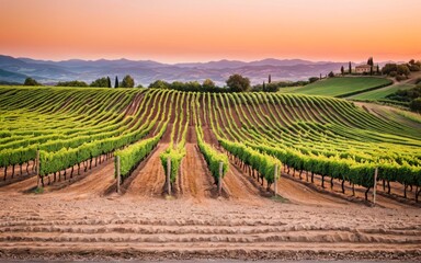 Fototapeta premium Sunset over lush vineyard terraces in Tuscany with rolling hills and distant homes Generative AI