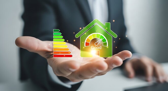 Businessman holding a glowing green house icon with energy efficiency rating chart symbolizing sustainable living and smart home technology