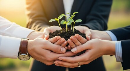 Hands of business people holding soil with a young plant, representing teamwork, unity, and corporate responsibility for sustainable growth.
