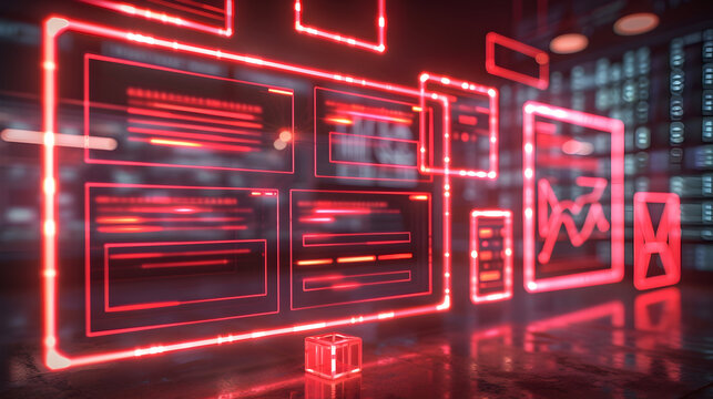Abstract red neon frames data visualizations illuminate a dark, reflective digital space, symbolizing advanced technology, big data, connectivity concepts.