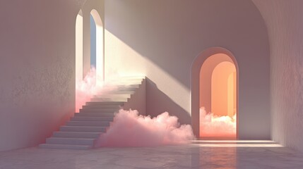 A serene, minimalistic interior featuring soft pink clouds and light streaming through arched doorways, creating a dreamlike atmosphere.